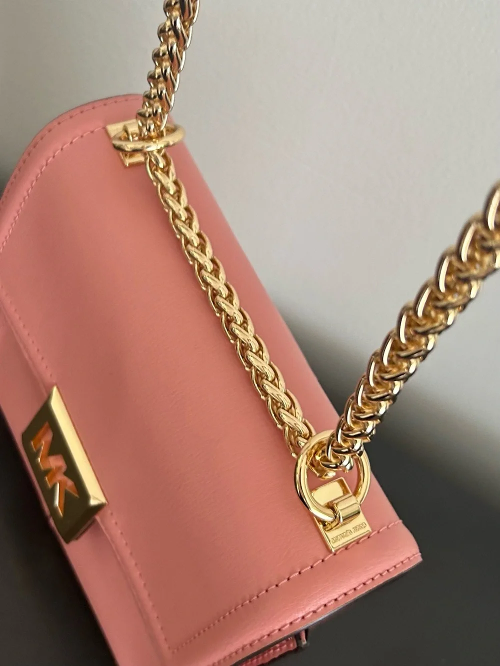 Michael Kors Pink Leather Chain Crossbody Shoulder Bag Gold MK Turn Lock purse
